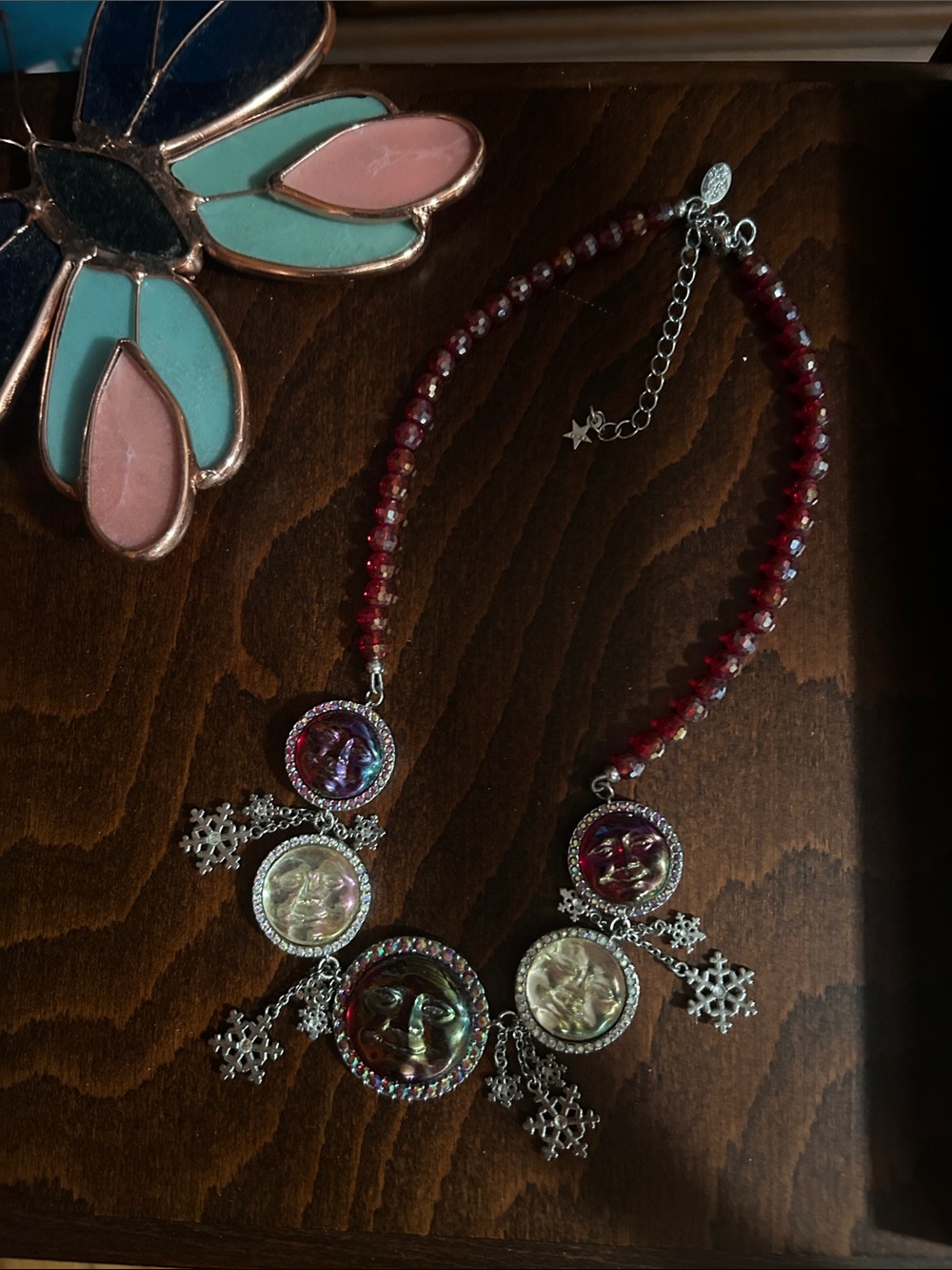 Kirks Folly Deep Red Bead Necklace with Iridescent Medallions